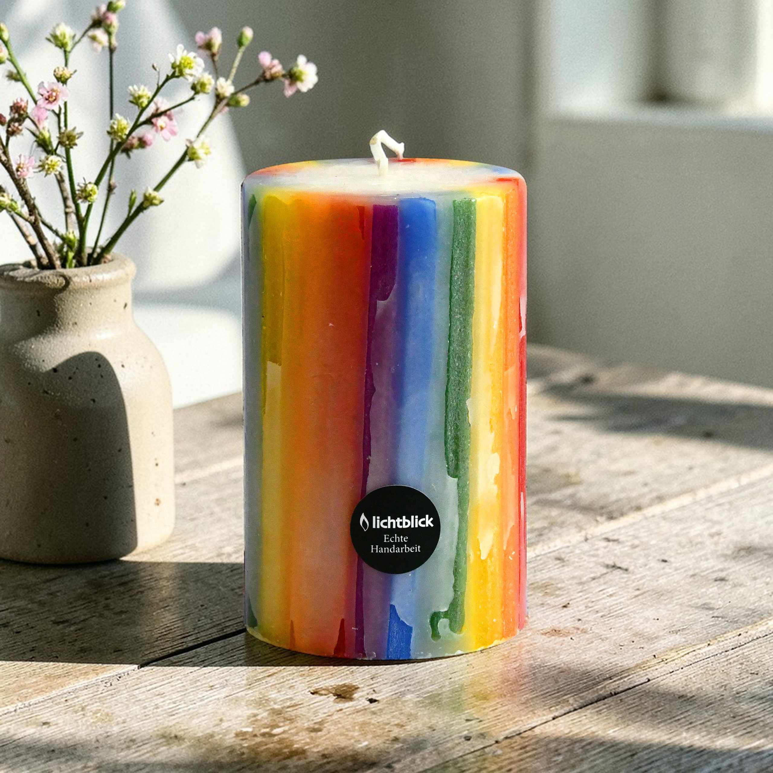Kerze, Stumpenform, Regenbogen, groß